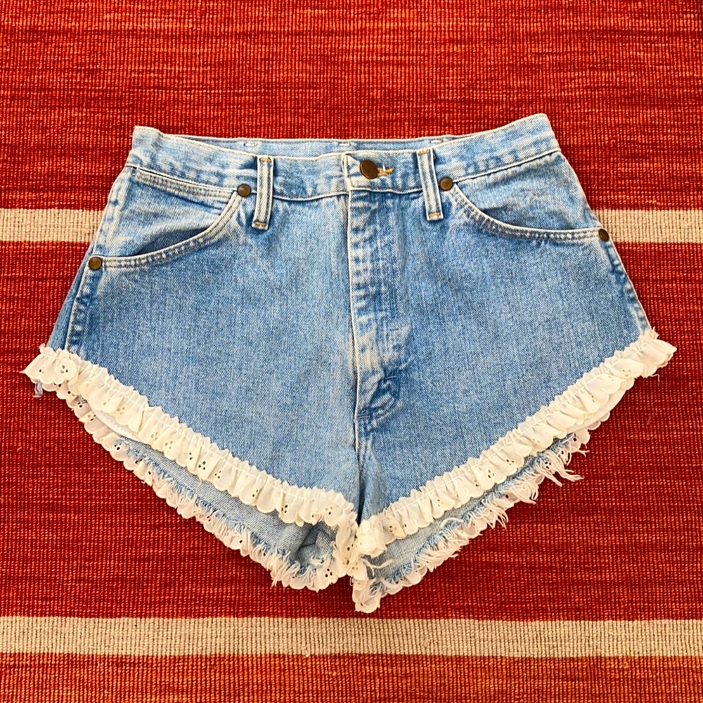 Wrangler super cheeky denim shorts with frills